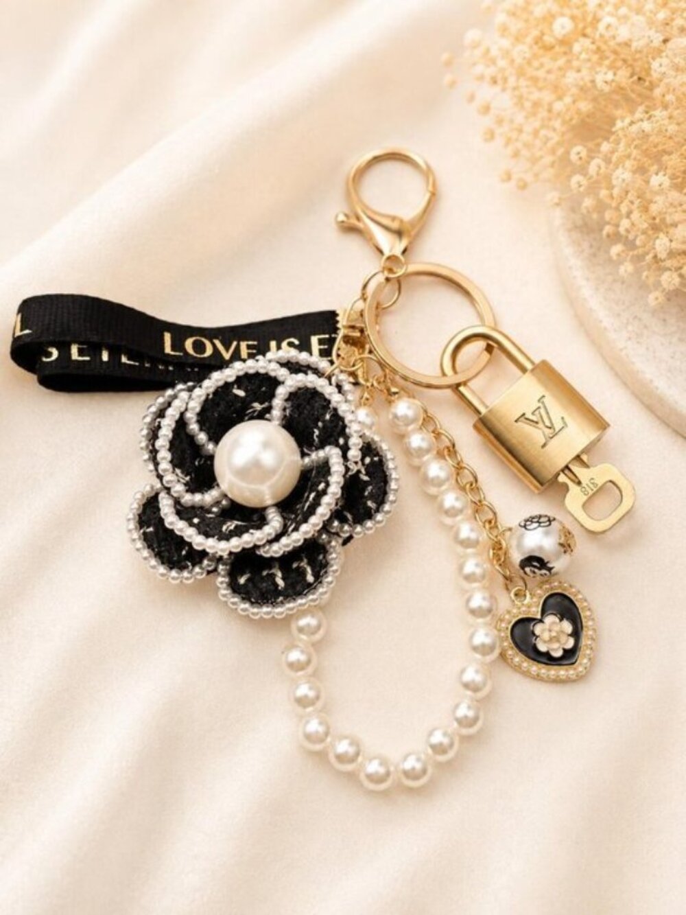 LV Gold Padlock 🔑 Authentic Louis Vuitton Charm + Unbranded Flower Keychain